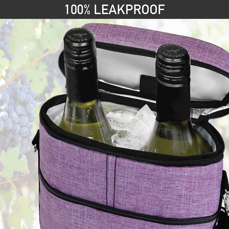 opux 2 Bottle Wine Carrier Tote  Insulated Leakproof Wine Cooler Bag  Wine Travel Bag for Picnic BYOB Beach  Portable Wine Bottle Carrying Case  Gift for Wine Lover Women Men Christmas  Purple - Image 5